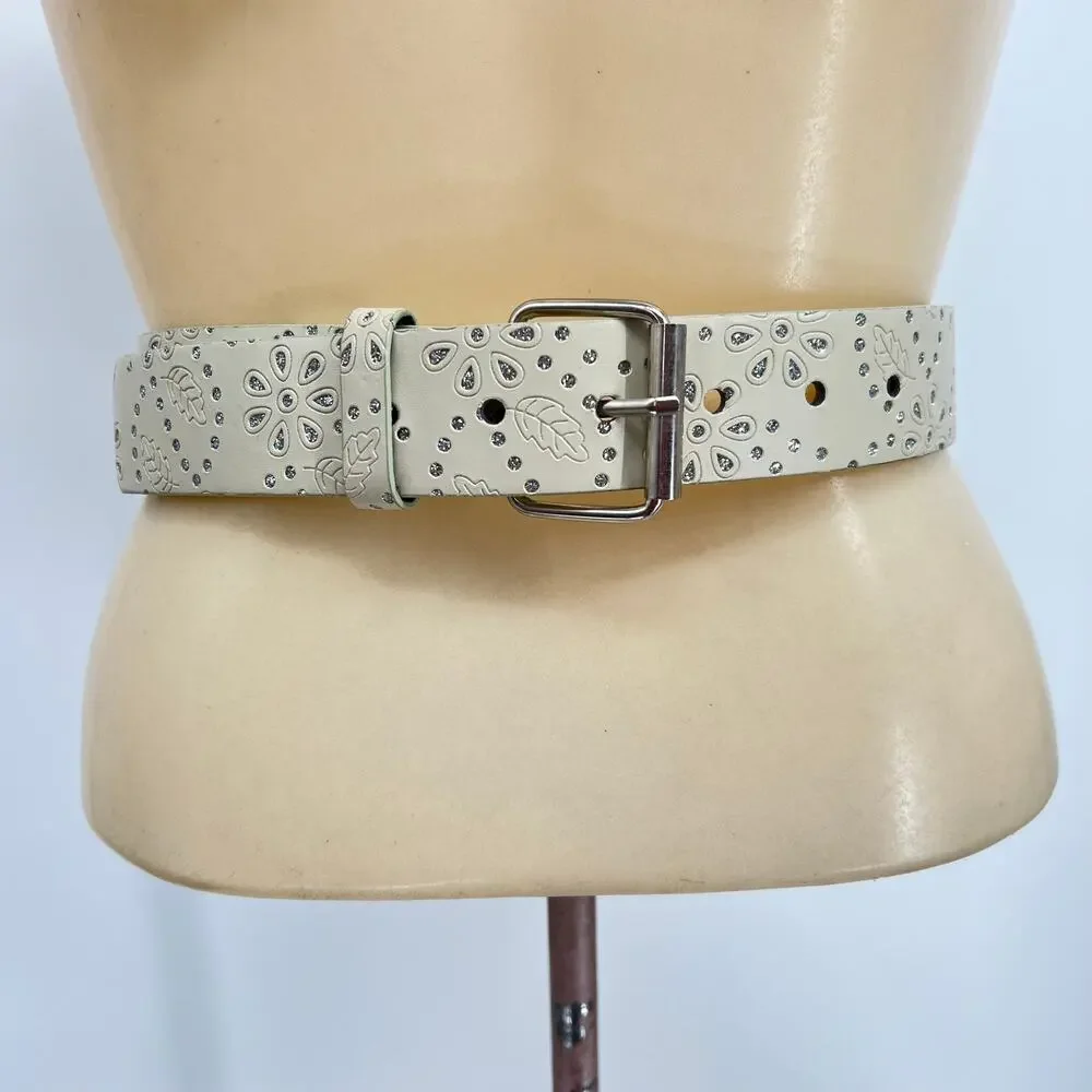 Bone Color Embellished Leather Belt L Western Sparkle Fairy Retro Casual